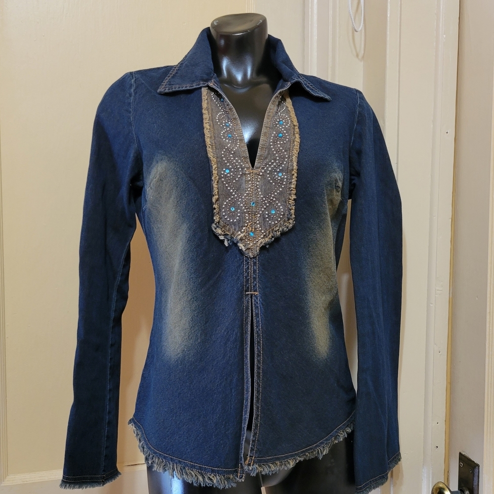 Vintage Clothes Compact Distressed Bling Embroidered Denim Top